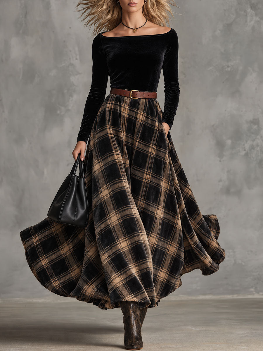 Retro Elegant Black Velvet Off-Shoulder Belted Plaid Flared Maxi Dress
