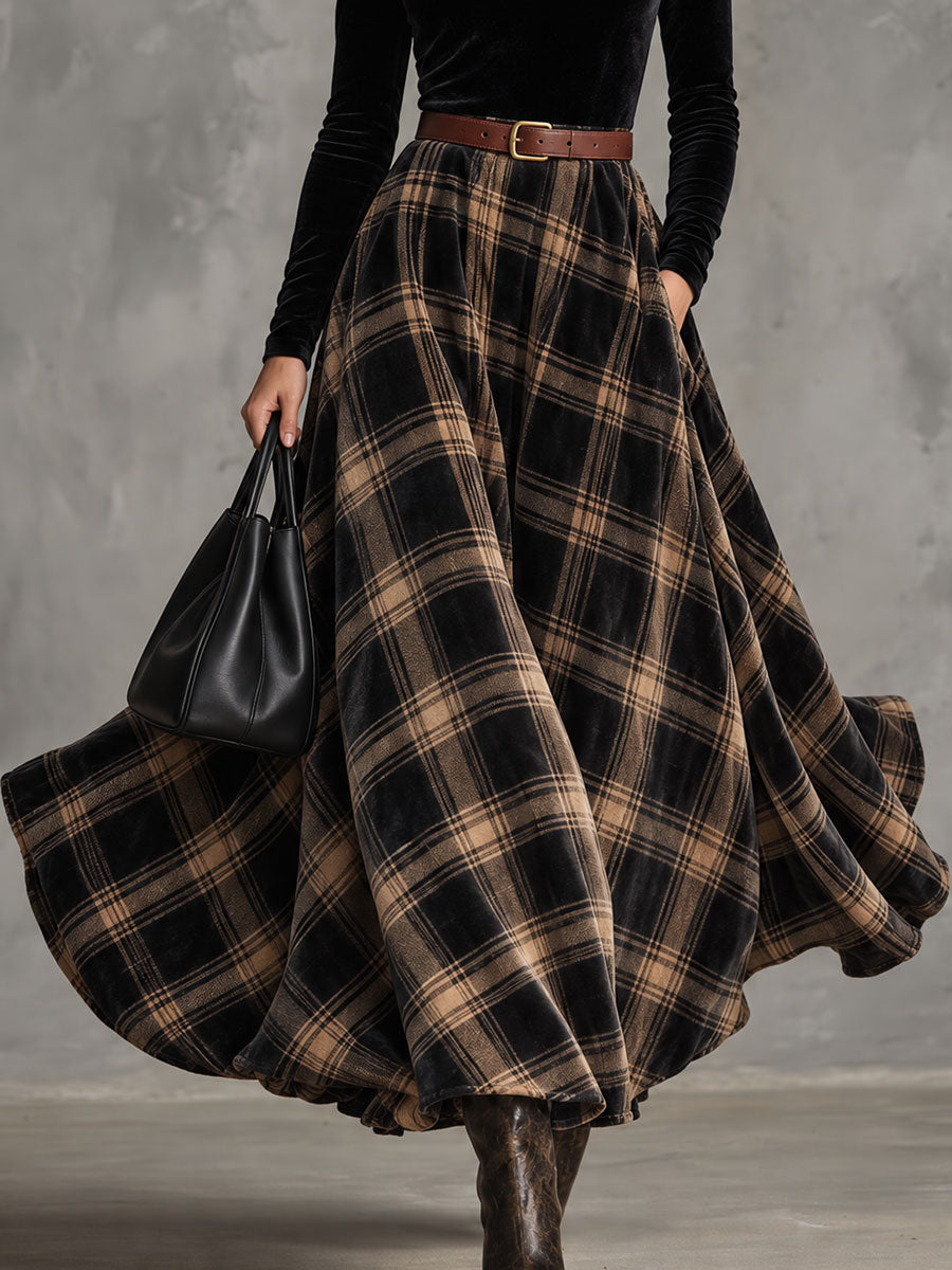 Retro Elegant Black Velvet Off-Shoulder Belted Plaid Flared Maxi Dress