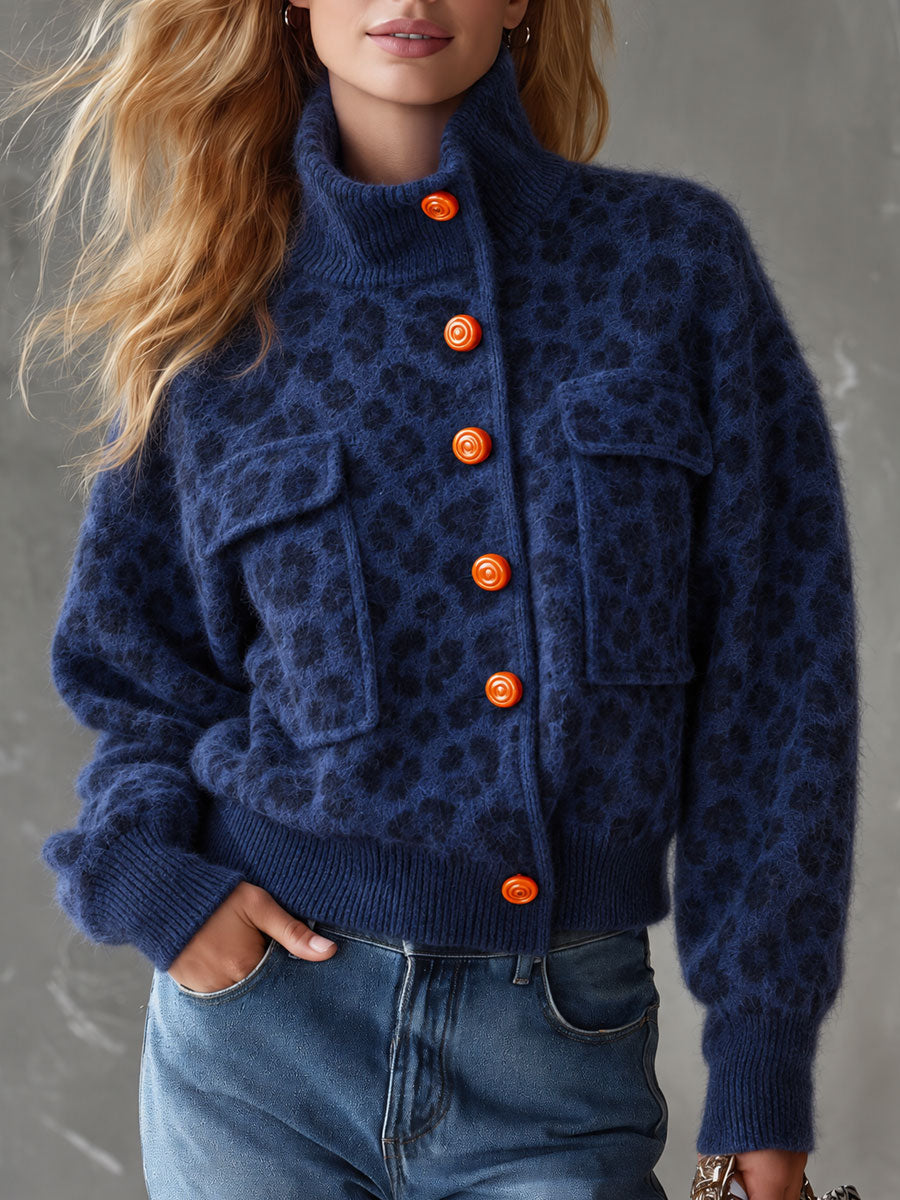 Retro Casual Blue Leopard Print Orange Button Stand-Collar Fuzzy Knit Cardigan