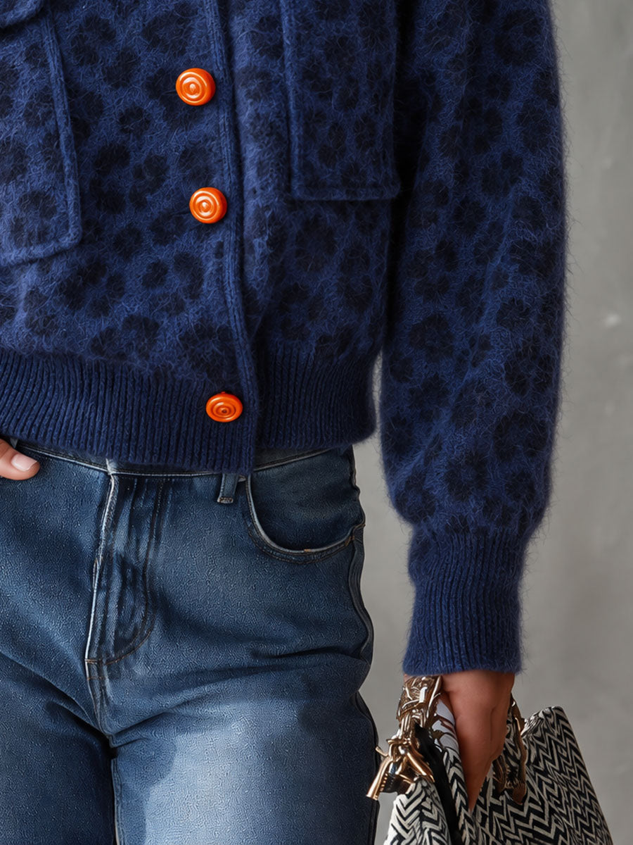 Retro Casual Blue Leopard Print Orange Button Stand-Collar Fuzzy Knit Cardigan