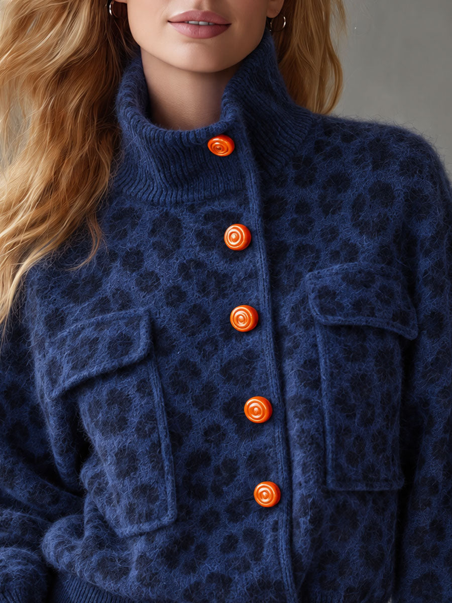 Retro Casual Blue Leopard Print Orange Button Stand-Collar Fuzzy Knit Cardigan