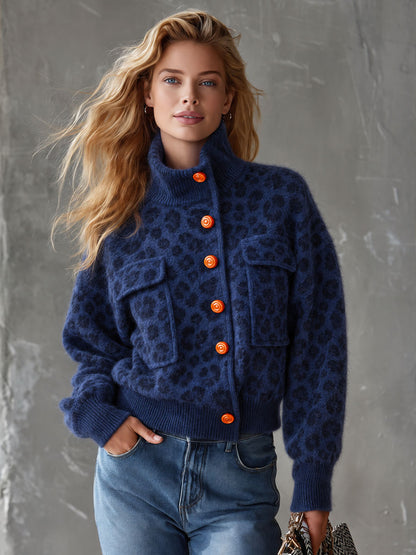 Retro Casual Blue Leopard Print Orange Button Stand-Collar Fuzzy Knit Cardigan
