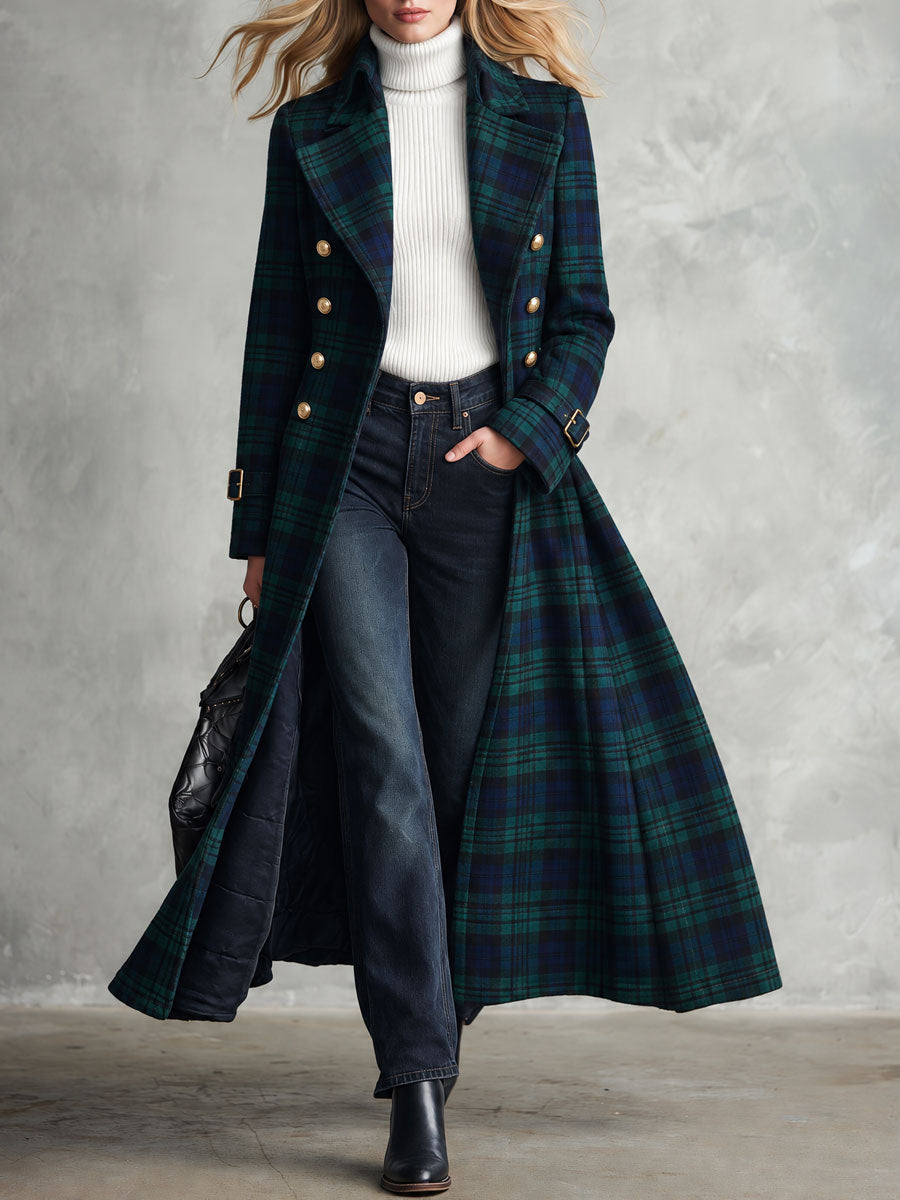 Retro Elegant Green Plaid Double-Breasted Gold-Button Flared Long Coat