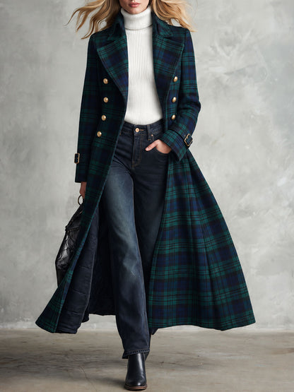 Retro Elegant Green Plaid Double-Breasted Gold-Button Flared Long Coat