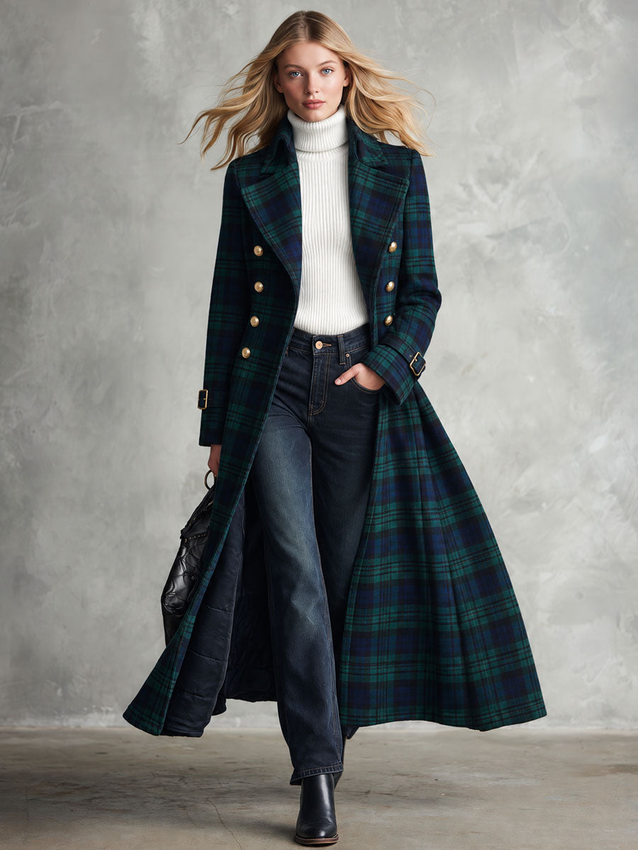 Retro Elegant Green Plaid Double-Breasted Gold-Button Flared Long Coat