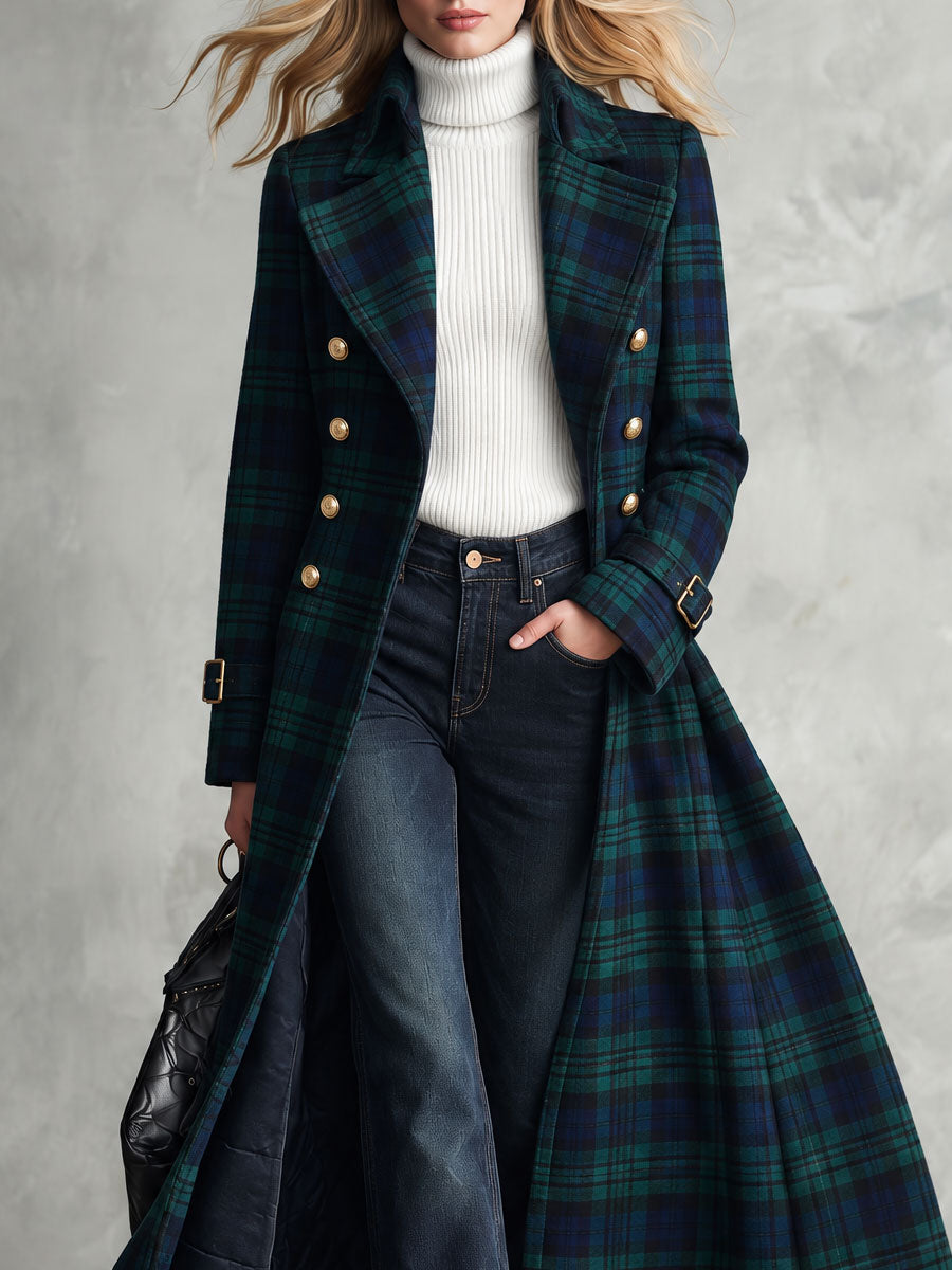 Retro Elegant Green Plaid Double-Breasted Gold-Button Flared Long Coat