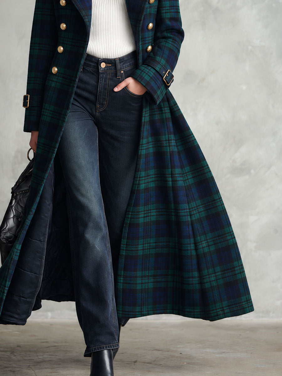 Retro Elegant Green Plaid Double-Breasted Gold-Button Flared Long Coat