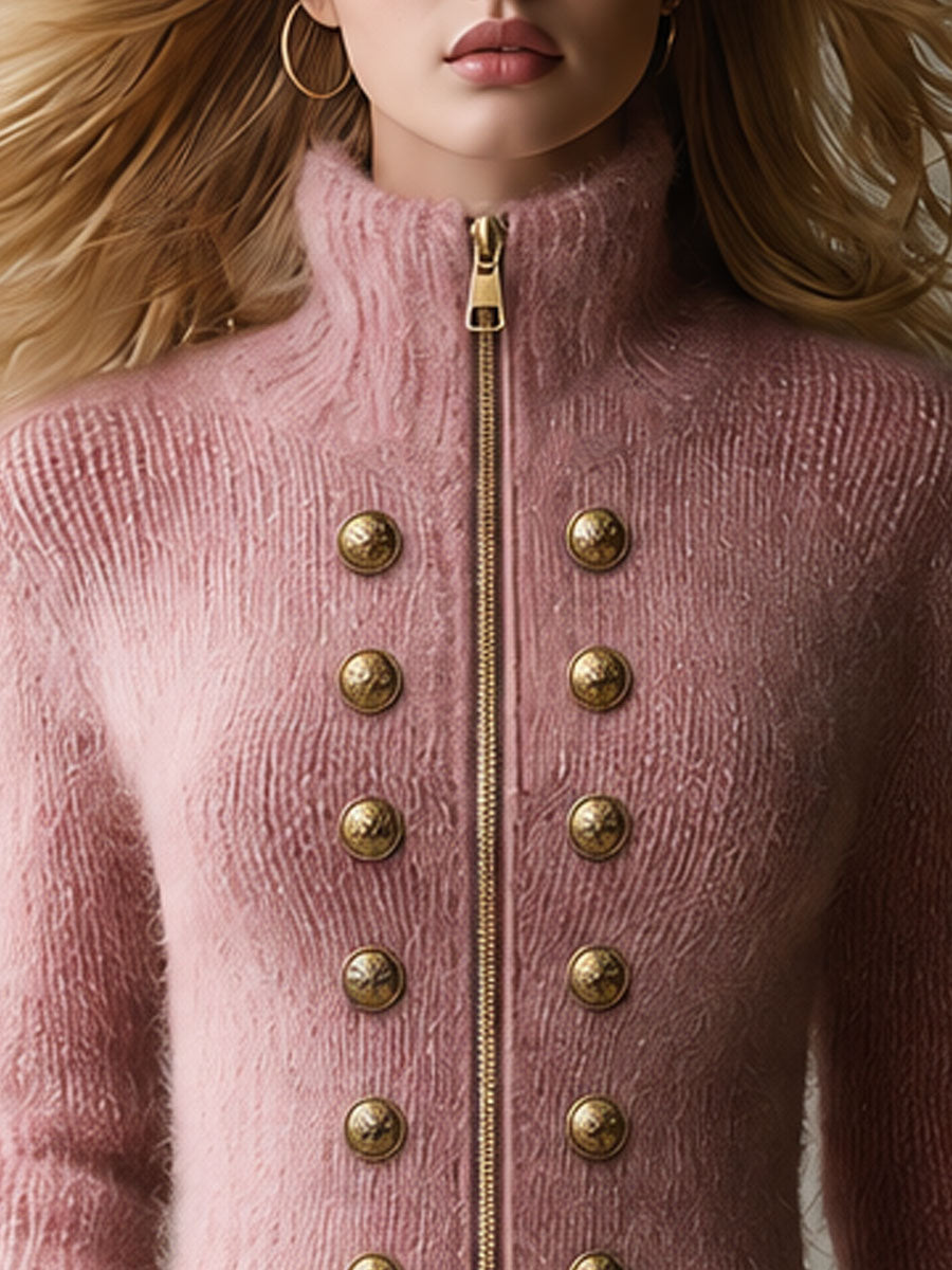 Retro-elegant Double-breasted Decorative Button Pink Knit Zipper Turtleneck Mini Dress