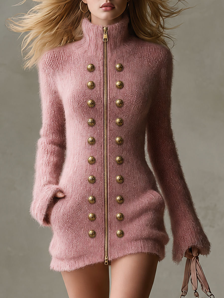 Retro-elegant Double-breasted Decorative Button Pink Knit Zipper Turtleneck Mini Dress