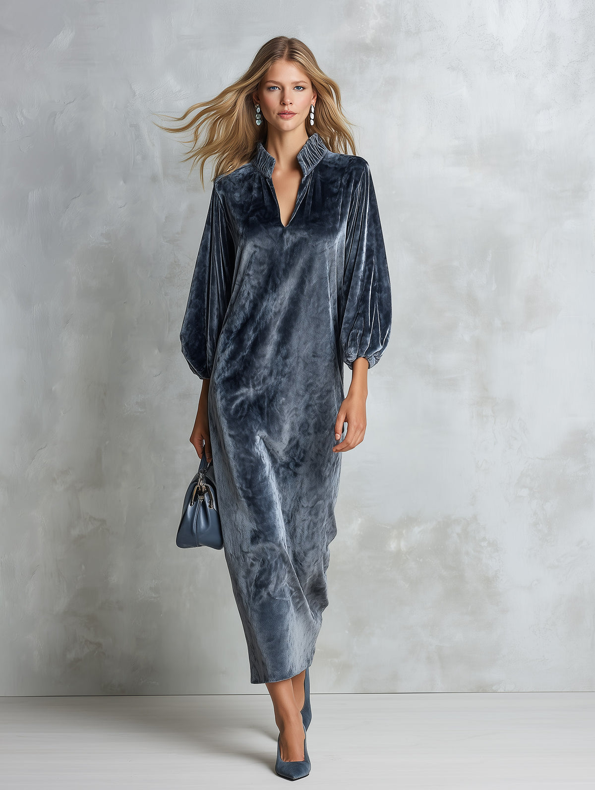 Minimalist Sophisticated Misty-blue Velvet Maxi Dress