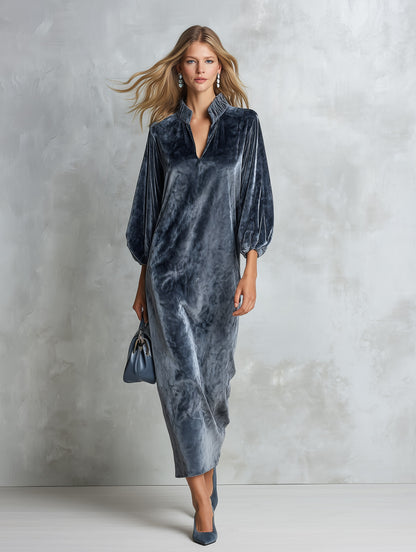 Minimalist Sophisticated Misty-blue Velvet Maxi Dress