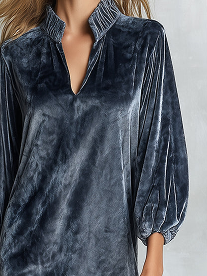 Minimalist Sophisticated Misty-blue Velvet Maxi Dress