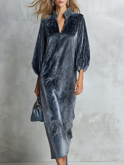 Minimalist Sophisticated Misty-blue Velvet Maxi Dress