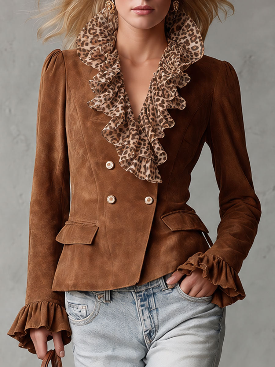 Retro Leopard Print Ruffled Collar Brown Faux Suede Jacket