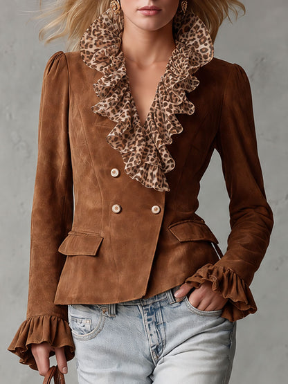 Retro Leopard Print Ruffled Collar Brown Faux Suede Jacket