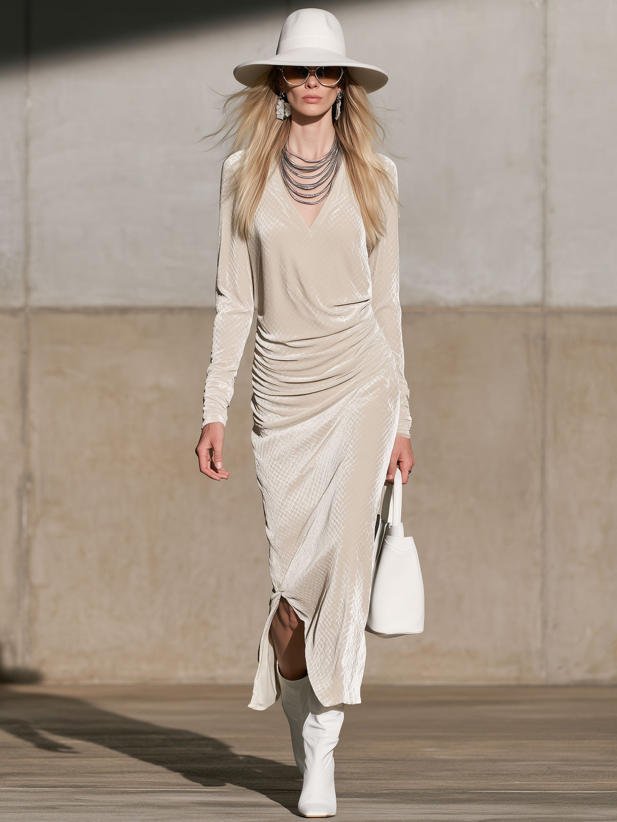 Fashionable Diamond-patterned Beige Velvet Slit Pleated Long-sleeved Midi Dress