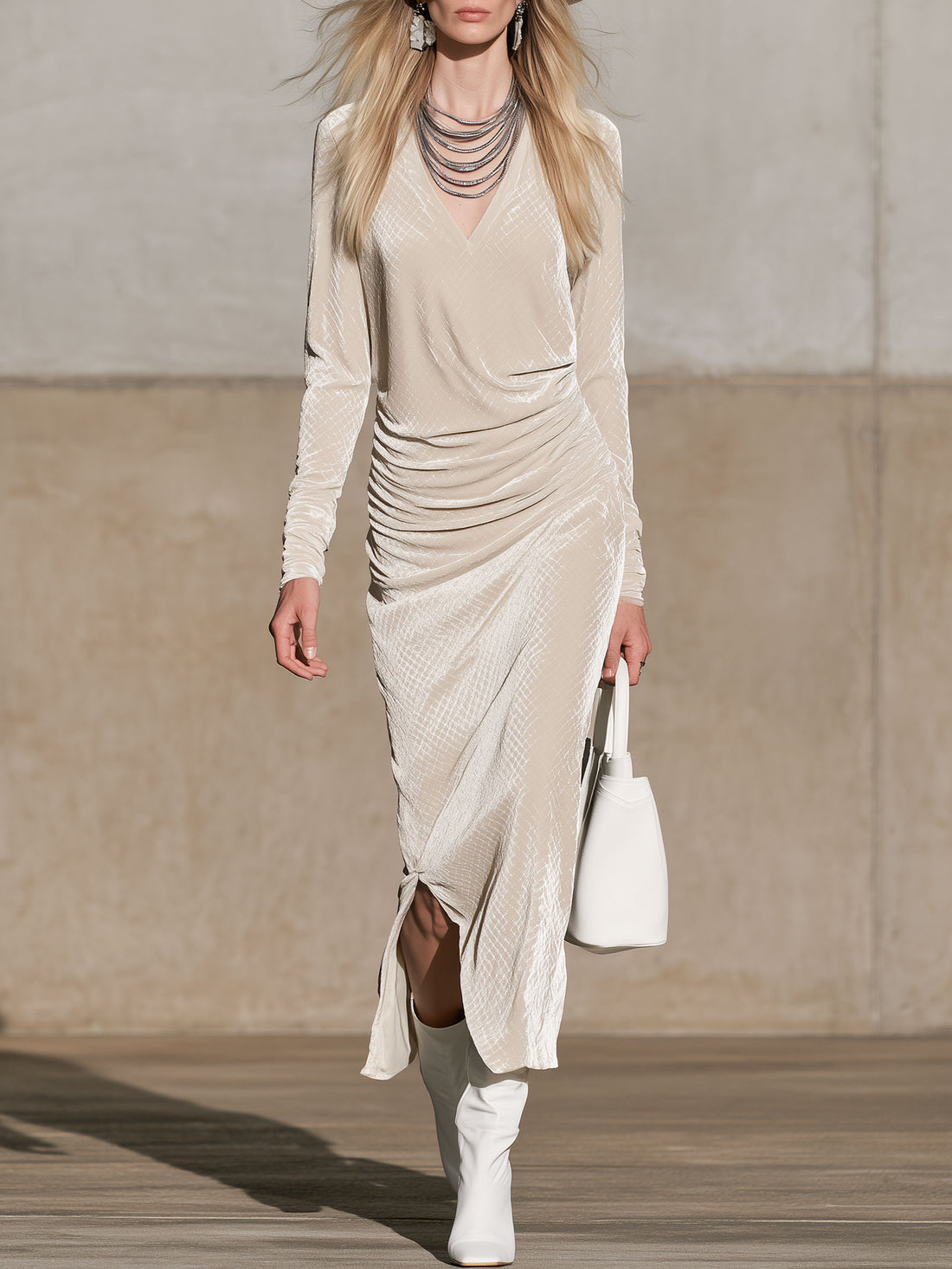 Fashionable Diamond-patterned Beige Velvet Slit Pleated Long-sleeved Midi Dress