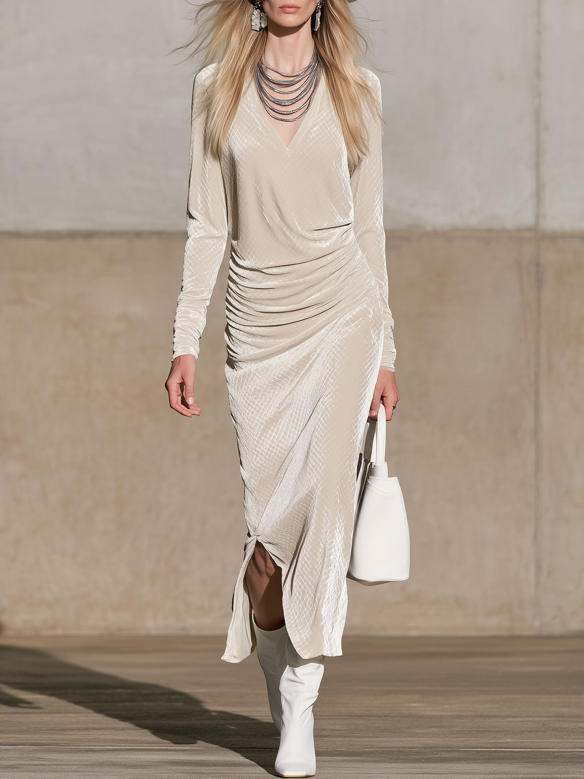 Fashionable Diamond-patterned Beige Velvet Slit Pleated Long-sleeved Midi Dress