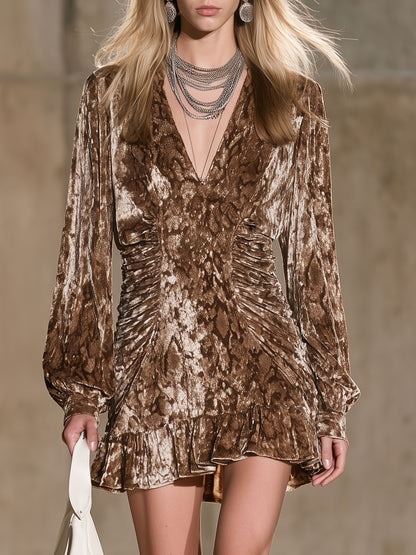 Stylish And Elegant Snakeskin Brown Diamond Velvet Ruffled Long-sleeved Mini Dress