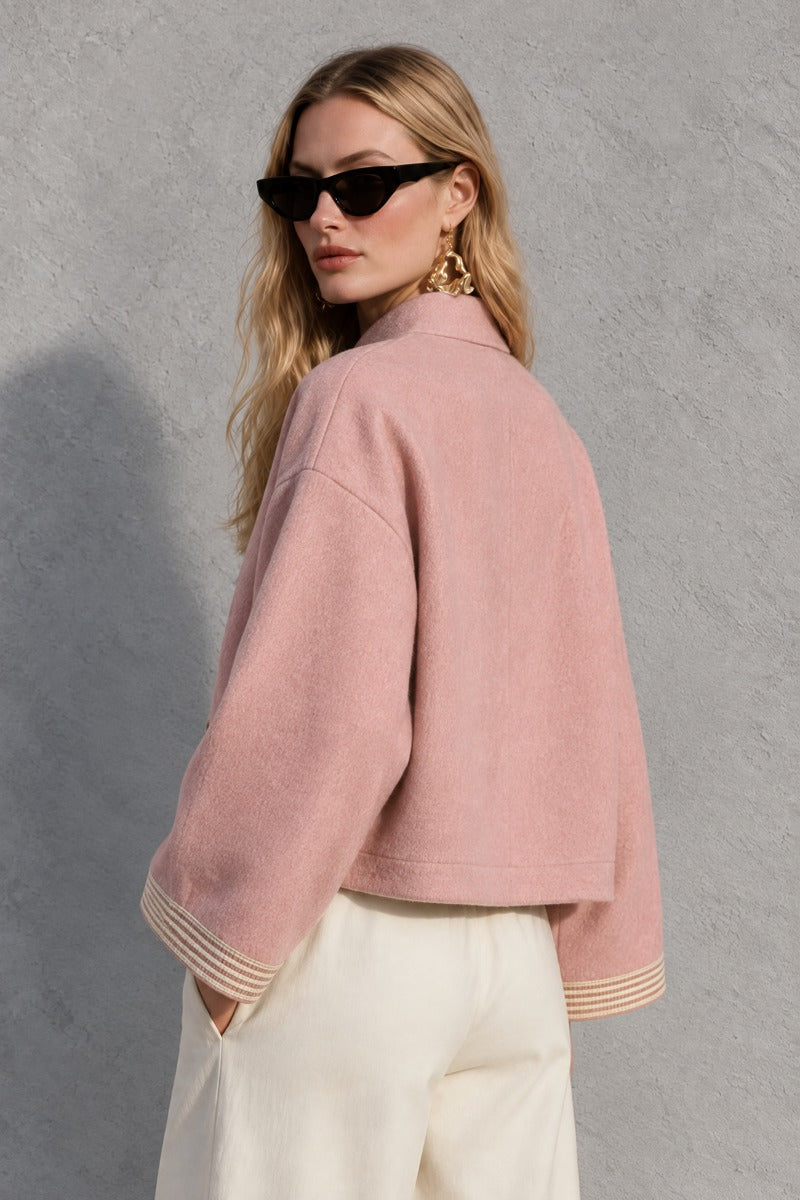 Vintage Pink Wool-Blend Mandarin Collar Frog Button Jacket Relaxed Cropped Coat Women