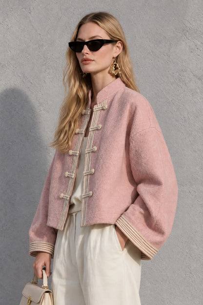 Vintage Pink Wool-Blend Mandarin Collar Frog Button Jacket Relaxed Cropped Coat Women