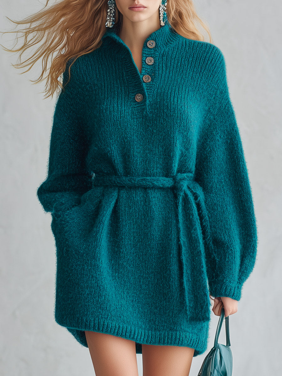 Vintage-style Half-button Belted Teal Mohair-knit Mini Dress