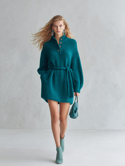 Vintage-style Half-button Belted Teal Mohair-knit Mini Dress