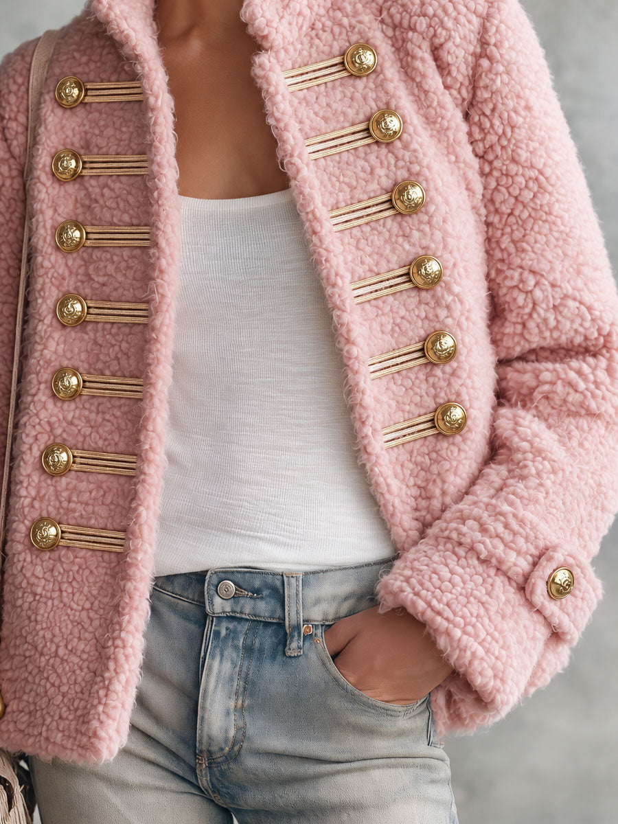 Retro Elegant Pink Teddy Fleece Stand-Collar Gold-Button Military Coat