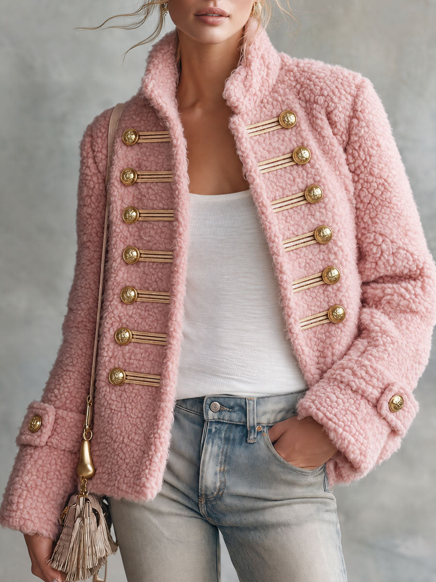 Retro Elegant Pink Teddy Fleece Stand-Collar Gold-Button Military Coat