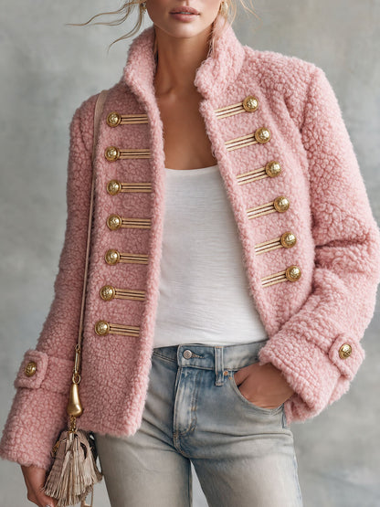 Retro Elegant Pink Teddy Fleece Stand-Collar Gold-Button Military Coat
