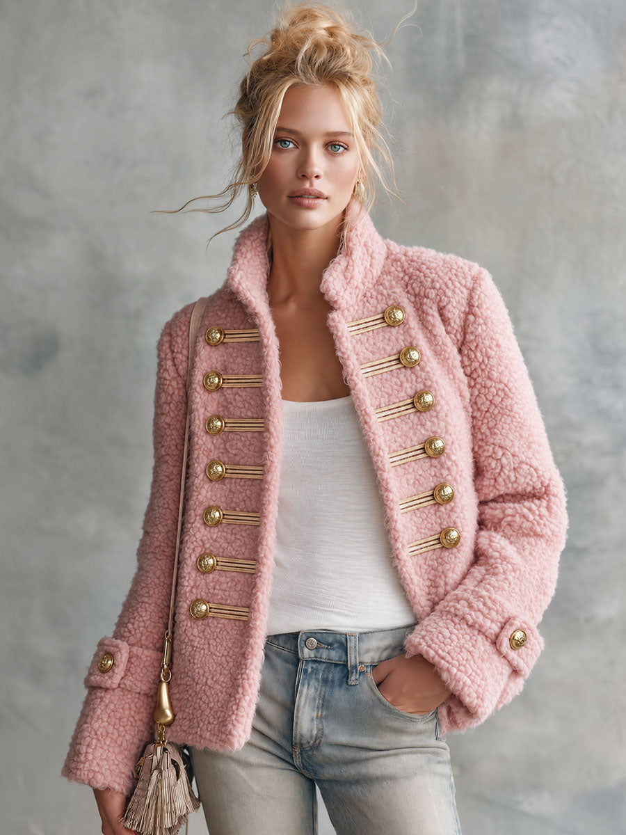 Retro Elegant Pink Teddy Fleece Stand-Collar Gold-Button Military Coat