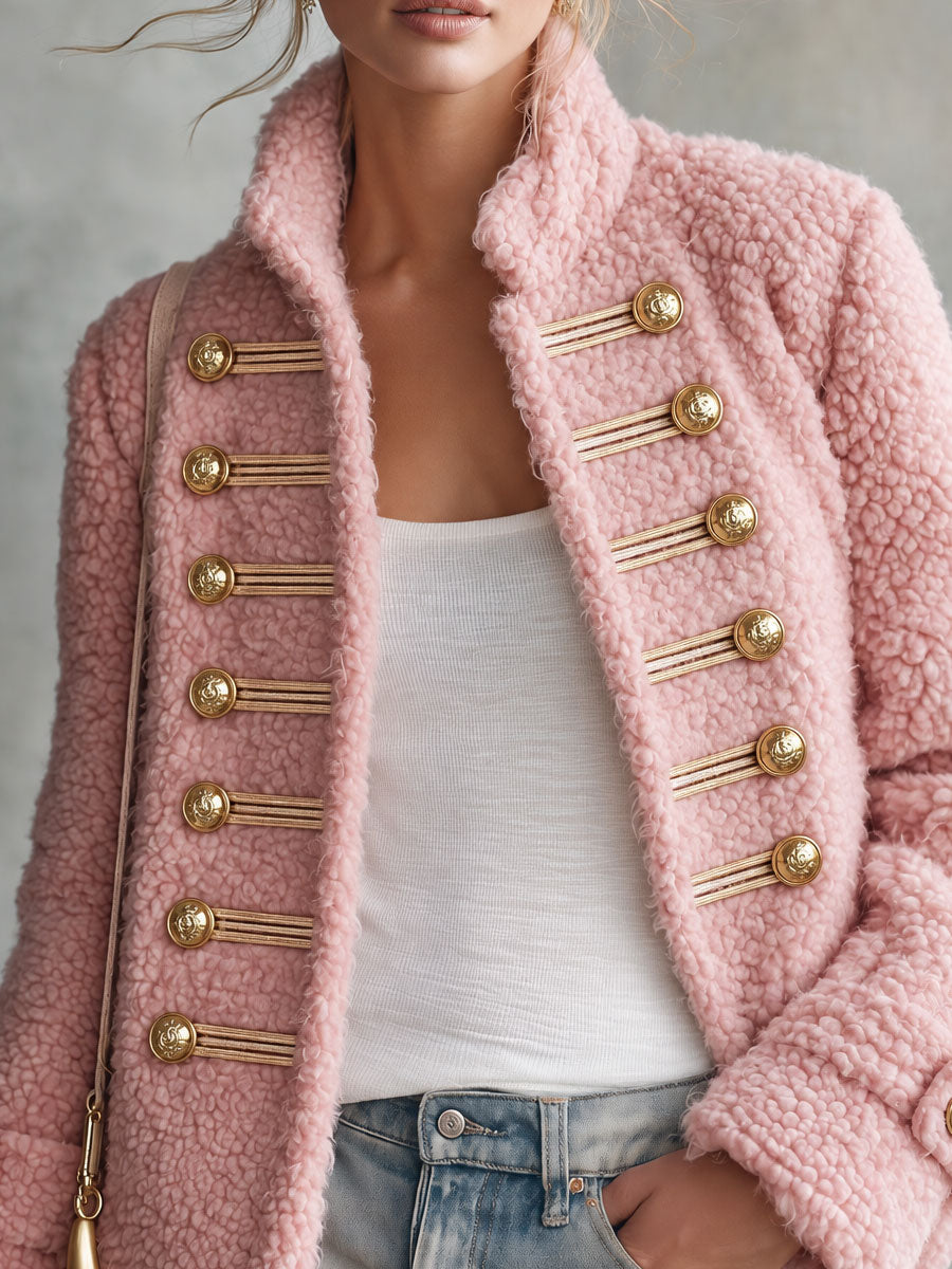Retro Elegant Pink Teddy Fleece Stand-Collar Gold-Button Military Coat