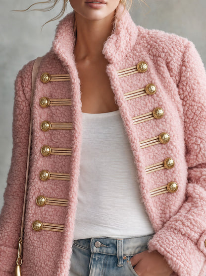 Retro Elegant Pink Teddy Fleece Stand-Collar Gold-Button Military Coat