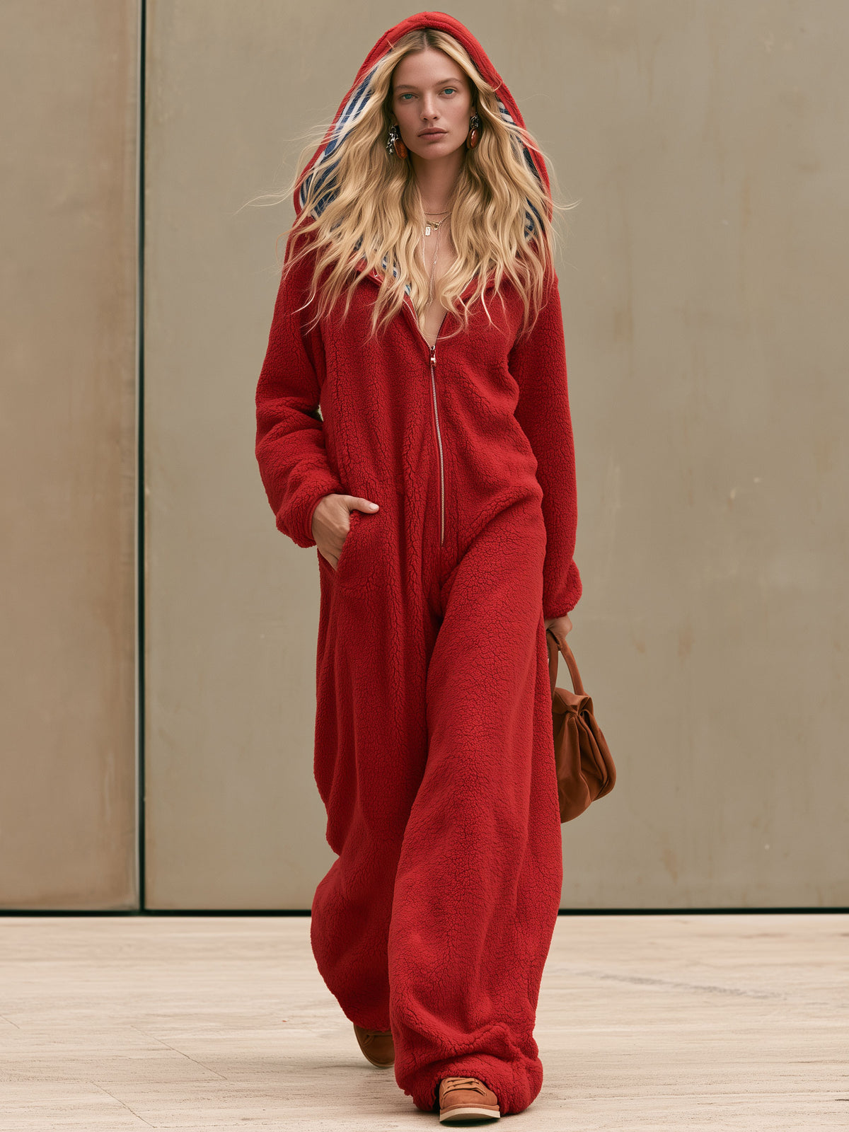 Casual Loose Striped Hooded Red Fleece Jumpsuit