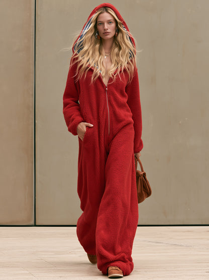 Casual Loose Striped Hooded Red Fleece Jumpsuit
