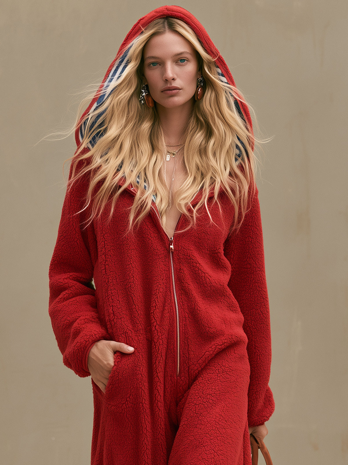 Casual Loose Striped Hooded Red Fleece Jumpsuit