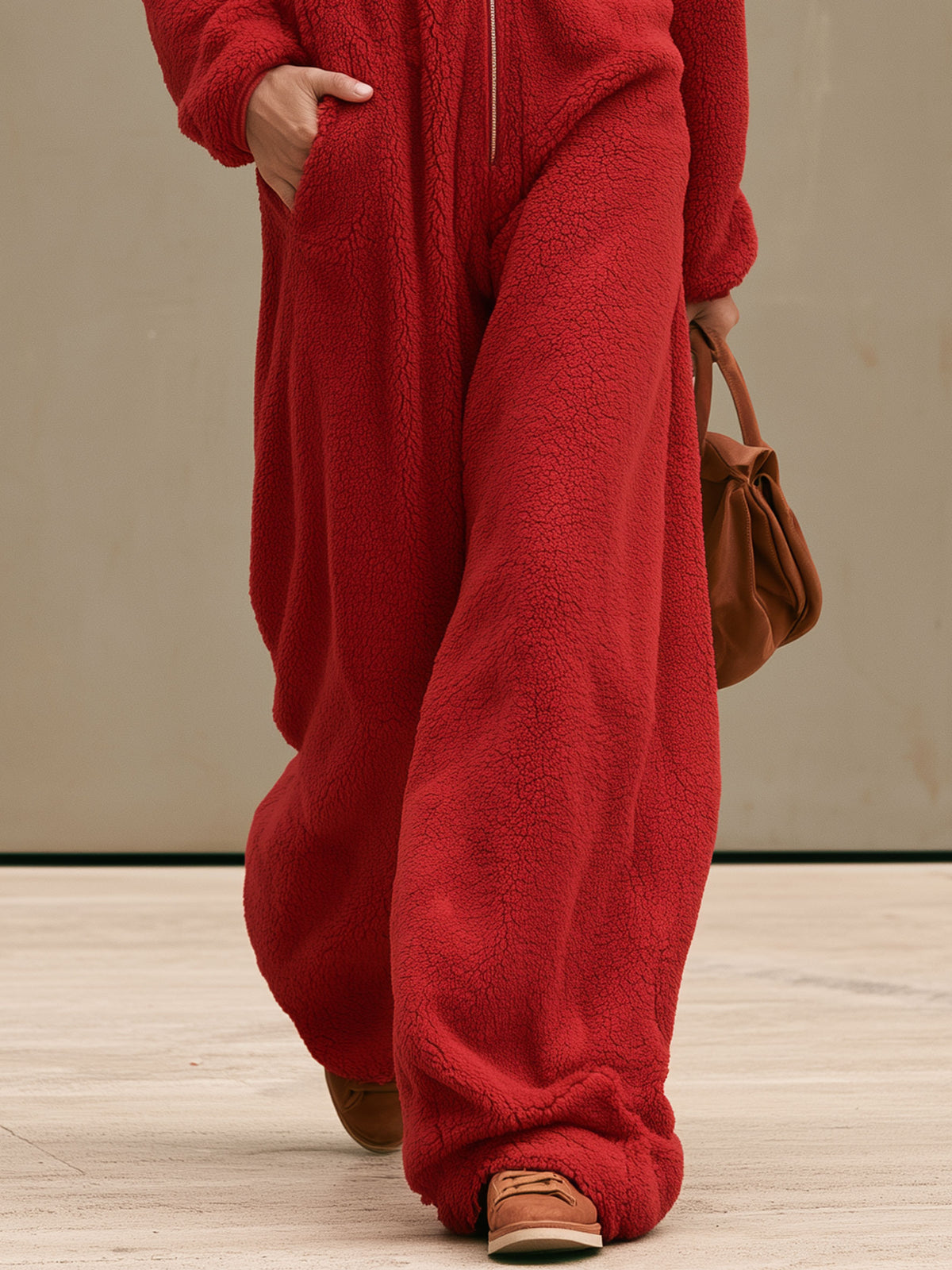 Casual Loose Striped Hooded Red Fleece Jumpsuit