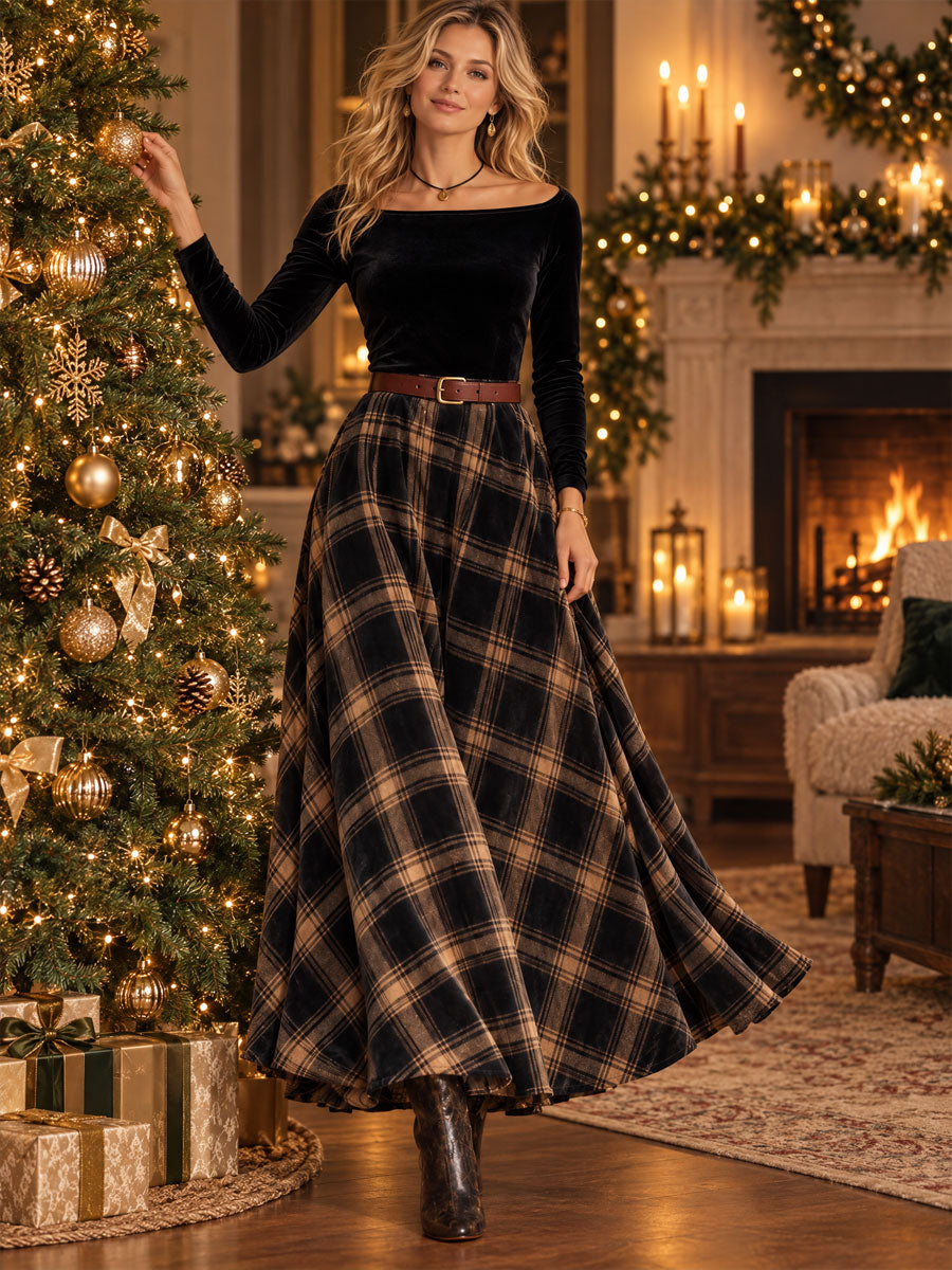 Retro Elegant Black Velvet Off-Shoulder Belted Plaid Flared Maxi Dress