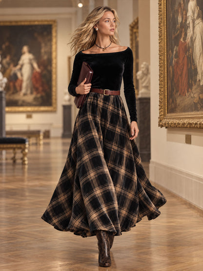 Retro Elegant Black Velvet Off-Shoulder Belted Plaid Flared Maxi Dress