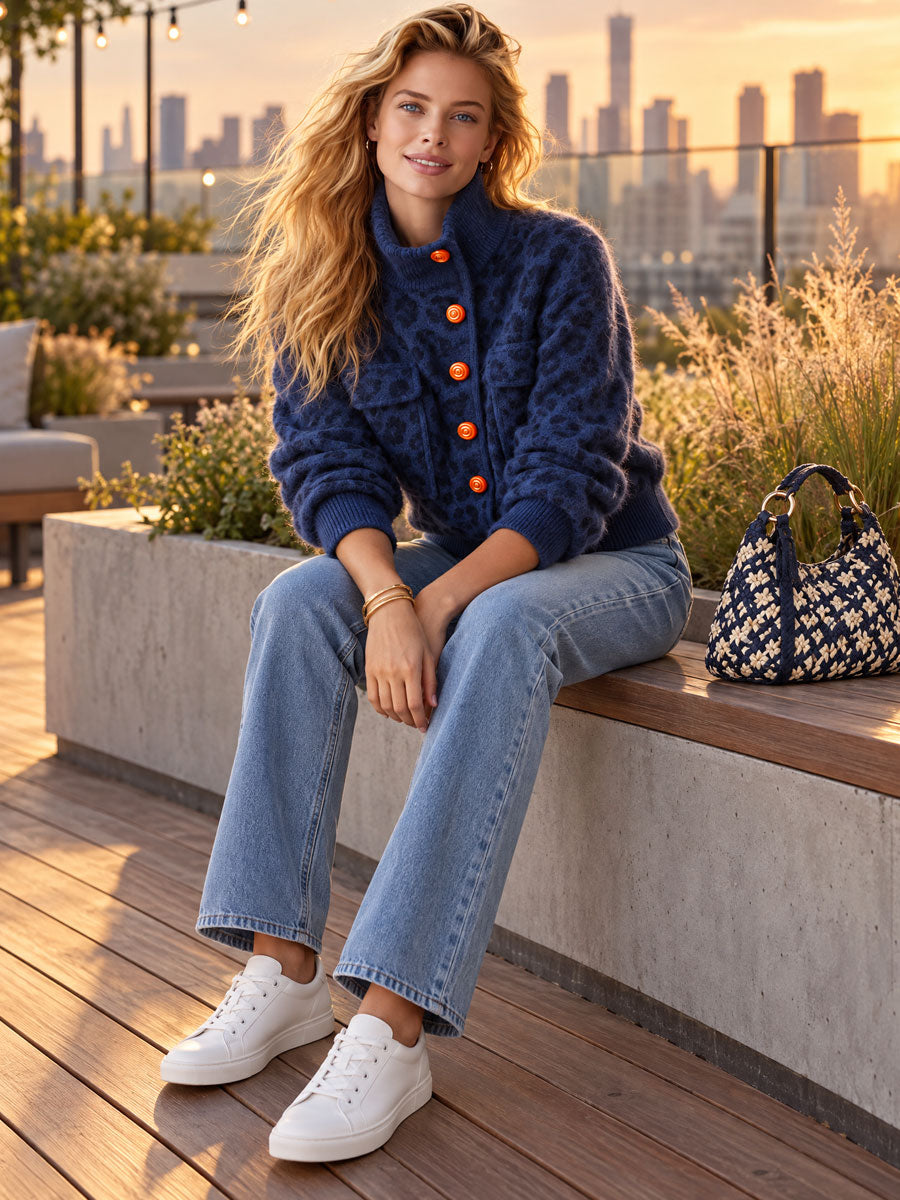 Retro Casual Blue Leopard Print Orange Button Stand-Collar Fuzzy Knit Cardigan