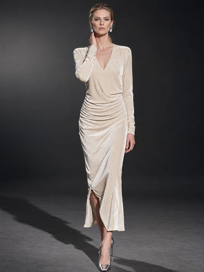 Fashionable Diamond-patterned Beige Velvet Slit Pleated Long-sleeved Midi Dress