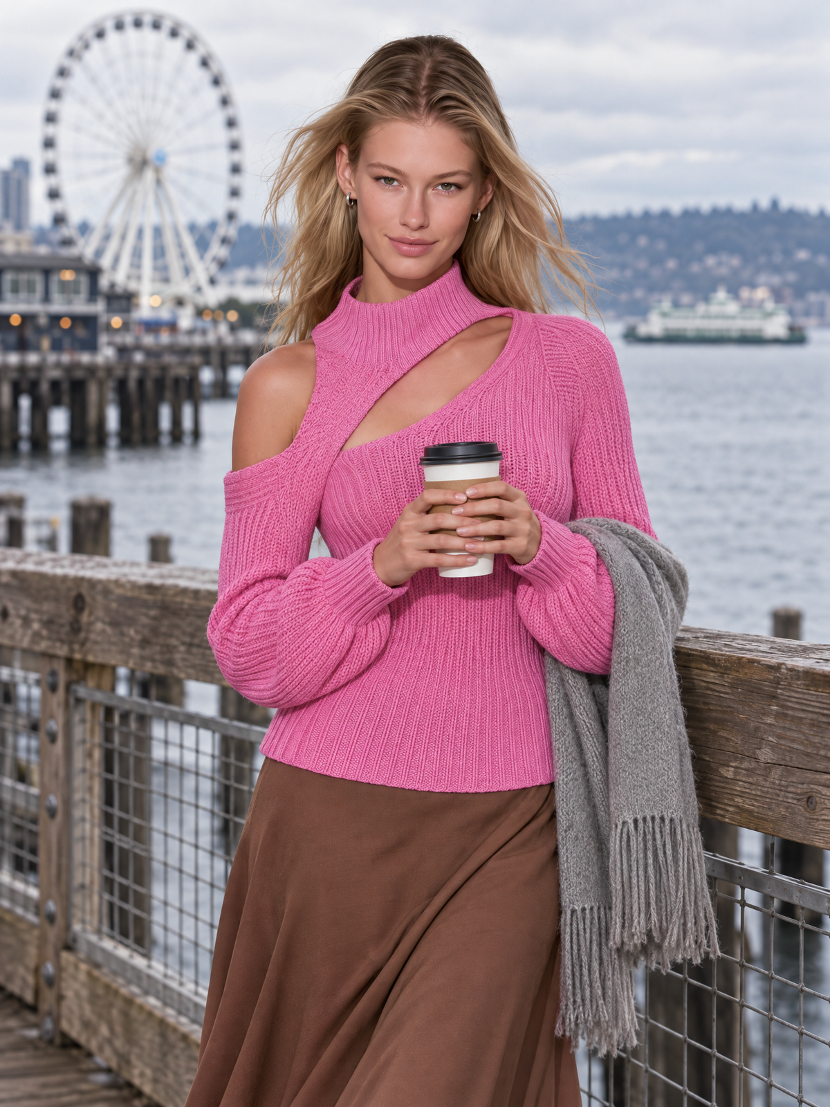 Sophisticated And Elegant High-neck Asymmetrical Off-the-shoulder Knit Top