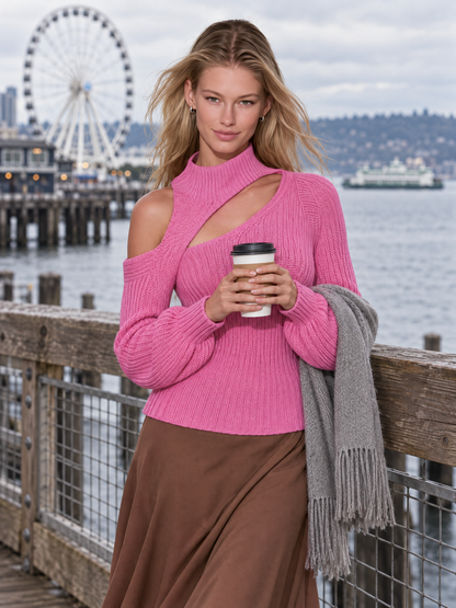 Sophisticated And Elegant High-neck Asymmetrical Off-the-shoulder Knit Top