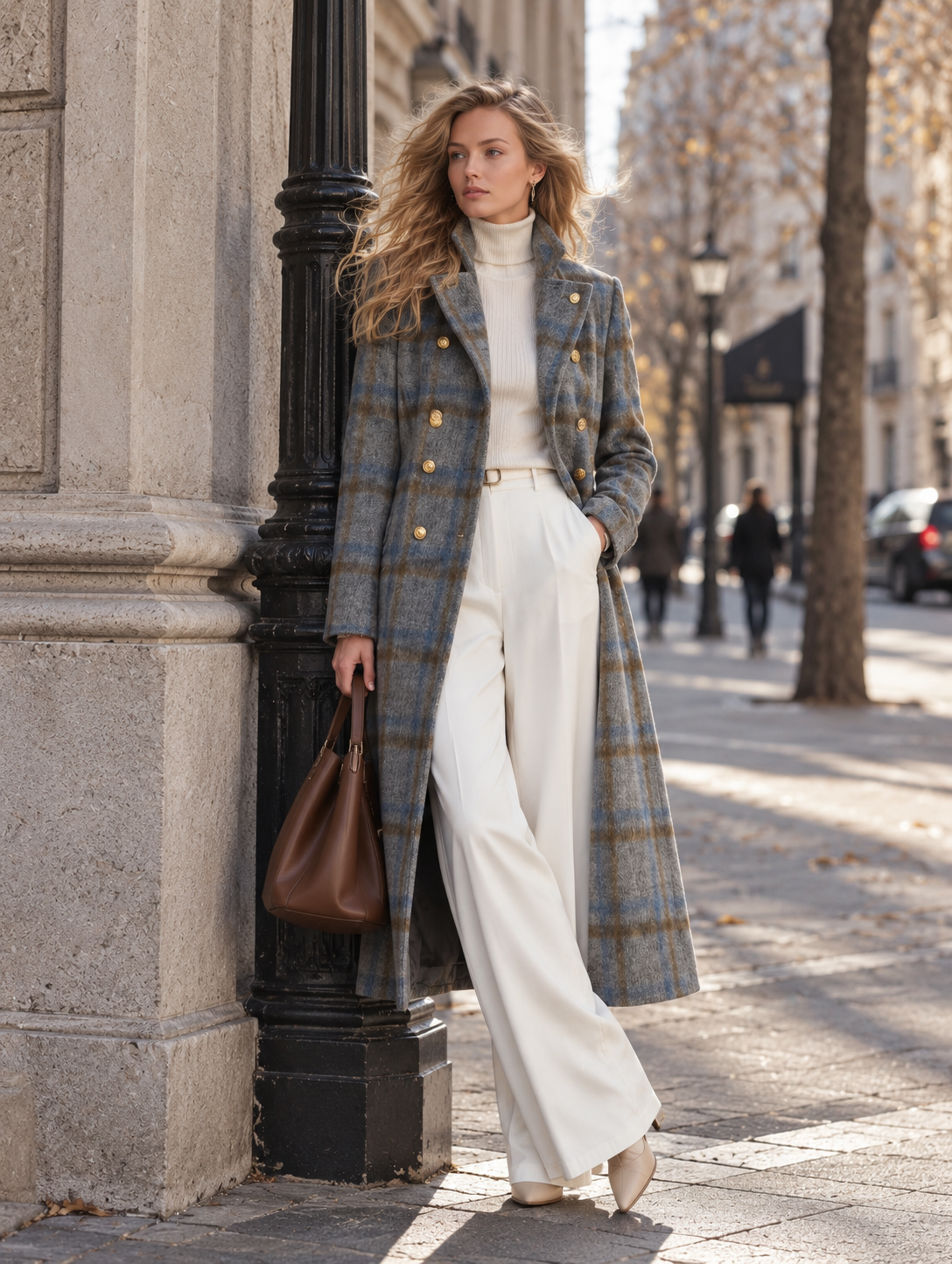 Vintage-style Elegant Blue-grey Plaid Double-breasted Coat