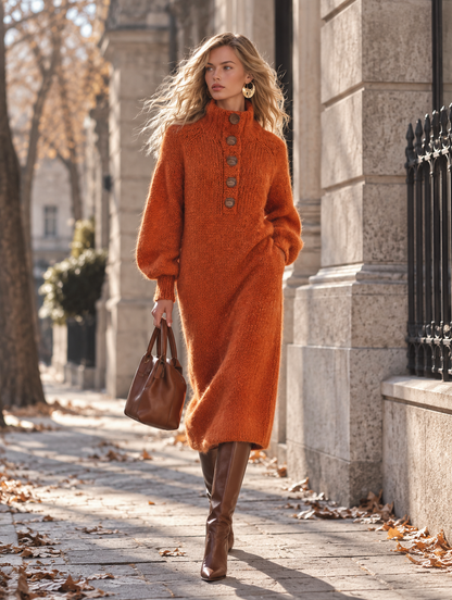 Retro-chic Orange Mock-neck Half-button Mohair Knit Midi Dress