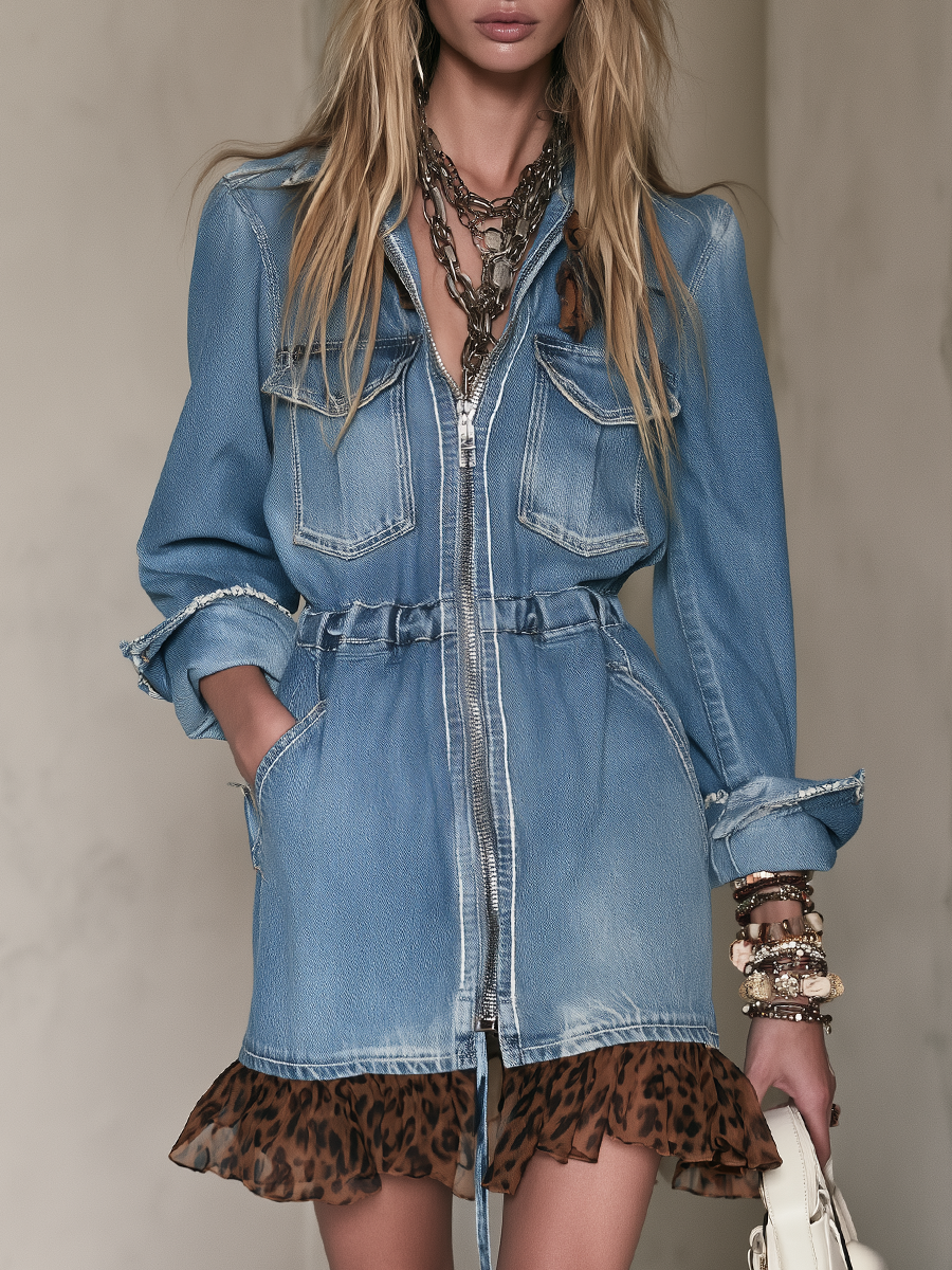Zip-Front Denim Mini Dress With Leopard Ruffle Hem And Pockets