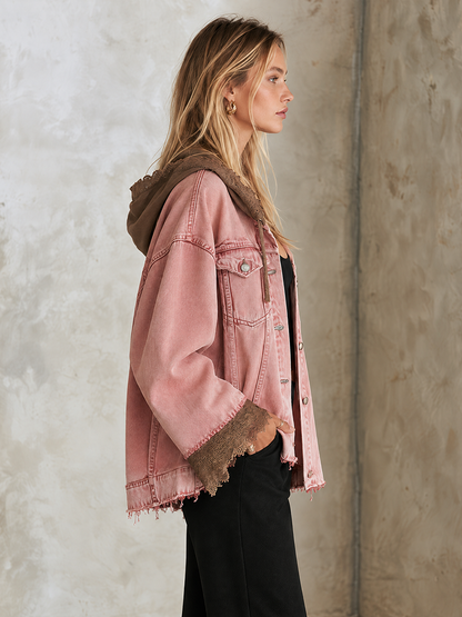 Oversized Washed Pink Hooded Denim Jacket With Frayed Lace Trim