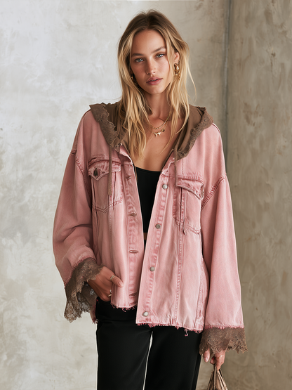 Oversized Washed Pink Hooded Denim Jacket With Frayed Lace Trim