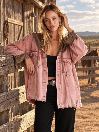 Oversized Washed Pink Hooded Denim Jacket With Frayed Lace Trim