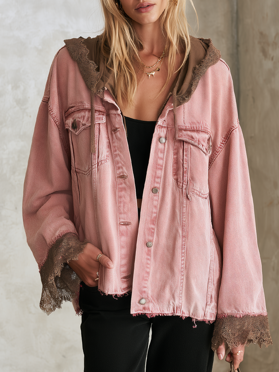 Oversized Washed Pink Hooded Denim Jacket With Frayed Lace Trim